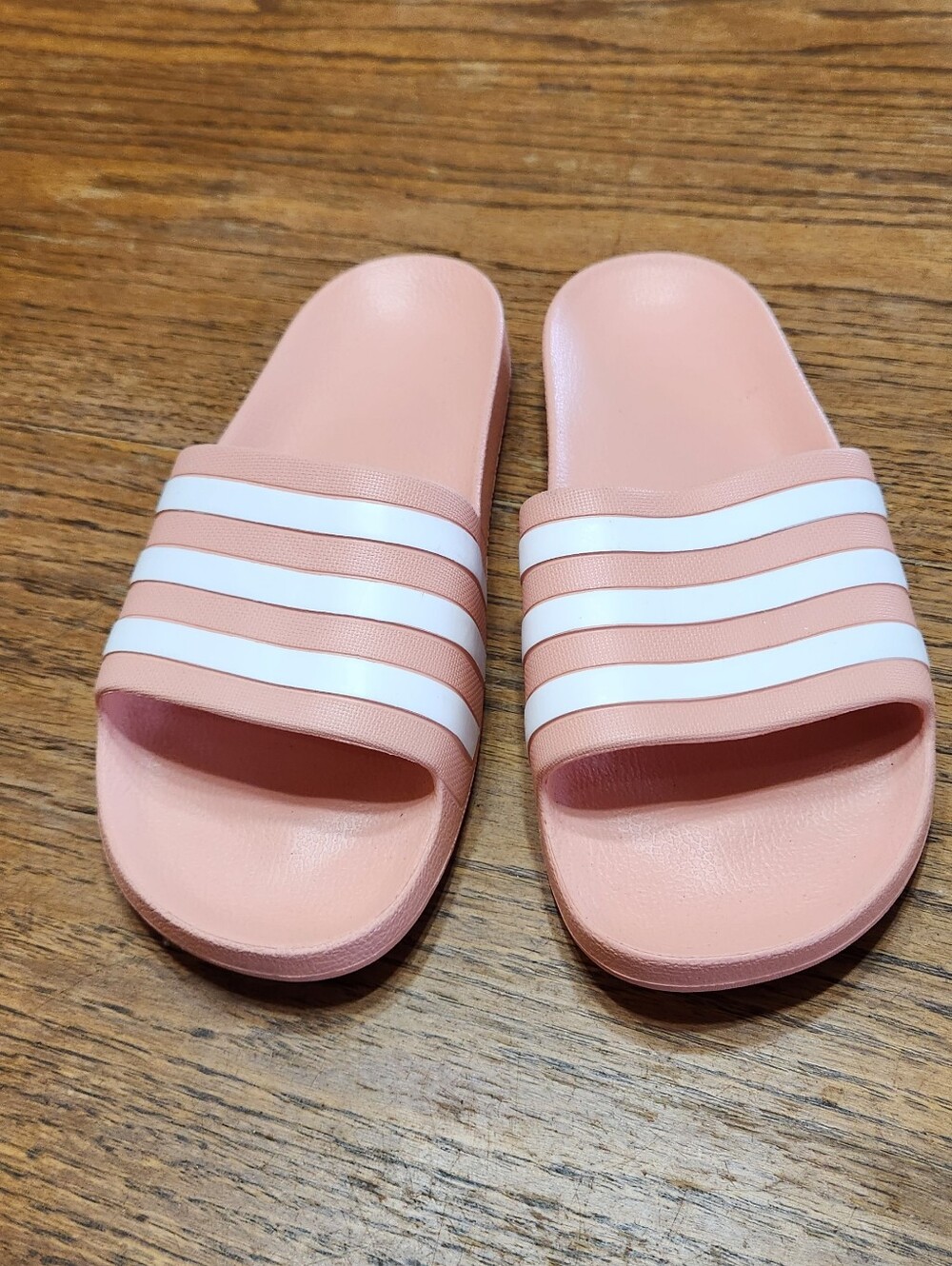 Adidas Women's Pink/peachy Slide Sandals with White Stripes Size 10
